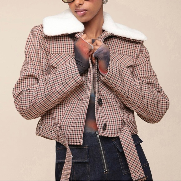 Brand New - AVEC LES FILLES Faux Shearling Collared Plaid Aviator Jacket 🤎✨ - Picture 9 of 16